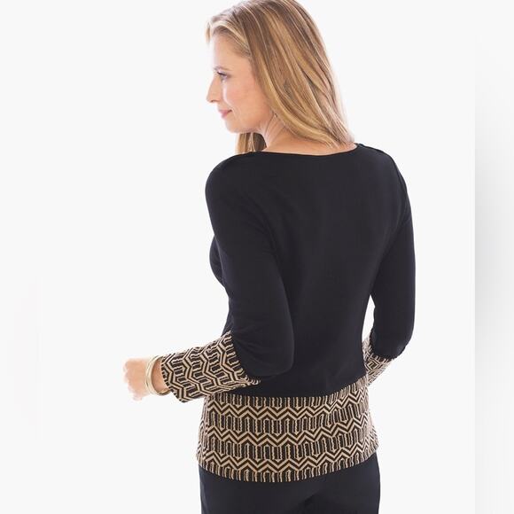 Chico's Blocked Jacquard Long Sleeve Textured Tab Shoulder Top Black Sz 3 US XL - Picture 3 of 16